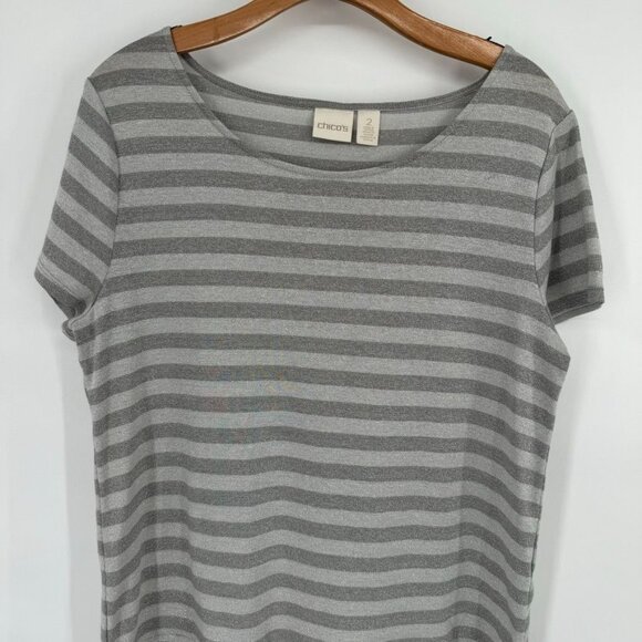 Chicos 2 Womens Size large Gray metallic Striped Short Sleeve Top fringed Hem - Picture 5 of 12